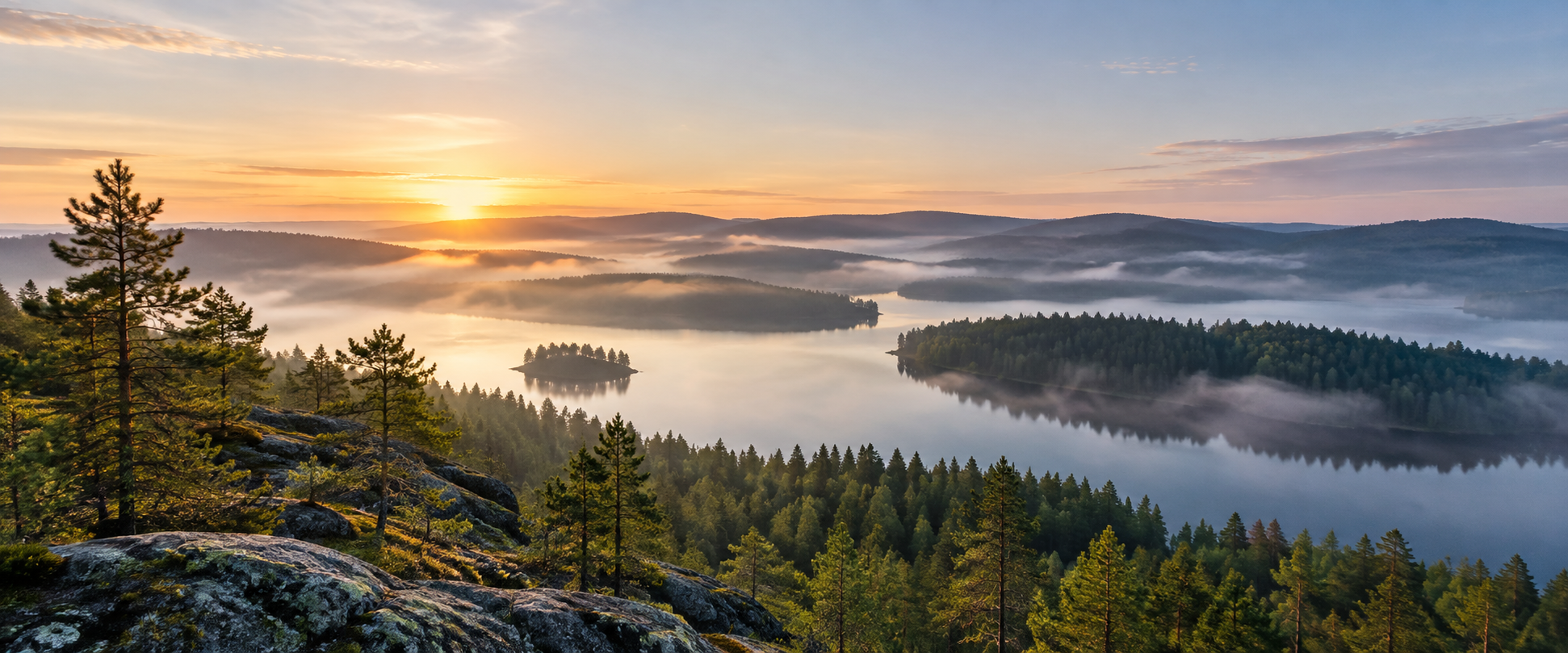 Sunrise over a Finnish lake and forest